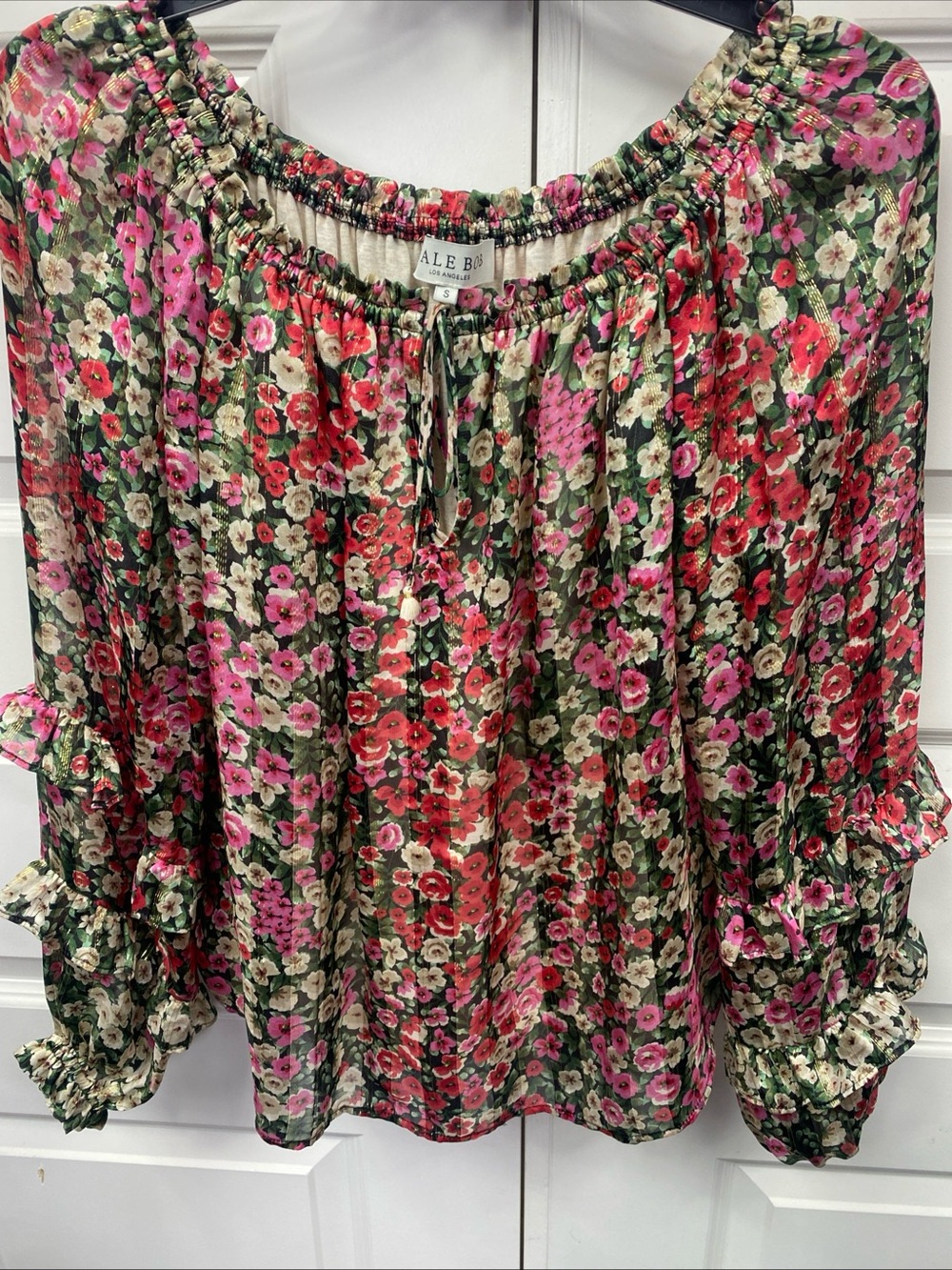 Hale Bob Silk Floral Blouse Ballon Ruffle Sleeves Women Small Peasant Top Boho